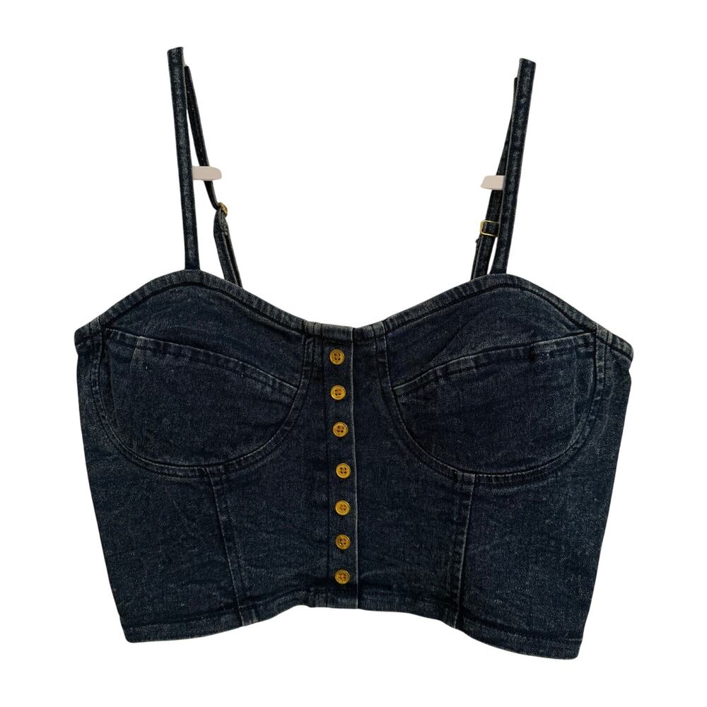 American Flirt NWT Women's L Y2K Festival Acid Wash Denim Crop Bodice Busty Top‎